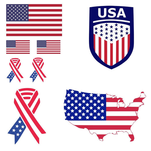 8 X USA Iron on Transfers for Fabrics USA flag map Team Crest Ribbon