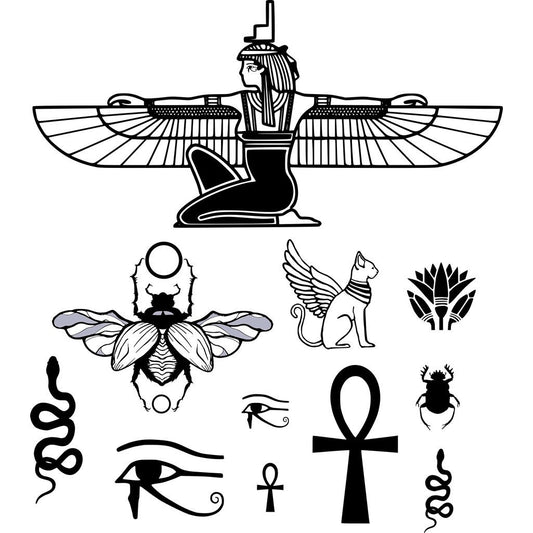 Set of 11 Egyptian Temporary Tattoo Goddess ISIS scarab beetle eye of Horus ankh