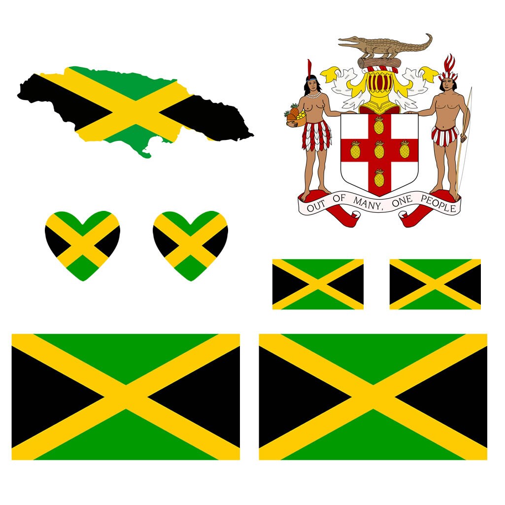 Set of 8 x Jamaica Flag Iron on Transfer for fabric Jamaican Heart Map Crest