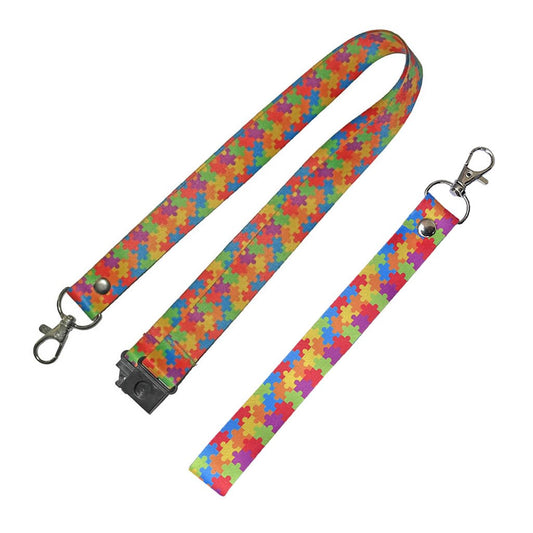 Autism Awareness Lanyard & Key tag SET - jigsaw puzzle neck strap, ID holder breakaway Clip