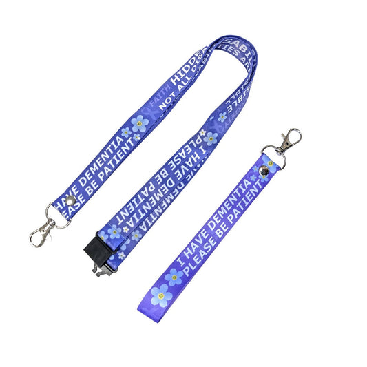 I have Dementia please be patient Lanyard & Key tag SET - neck strap, ID holder Forget me not hidden Disability