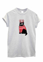 Cat with Christmas Jumper Meow print trendy Womens Mens Unisex kitty pussy cat T-SHIRT