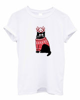 Cat with Christmas Jumper Meow print trendy Womens Mens Unisex kitty pussy cat T-SHIRT